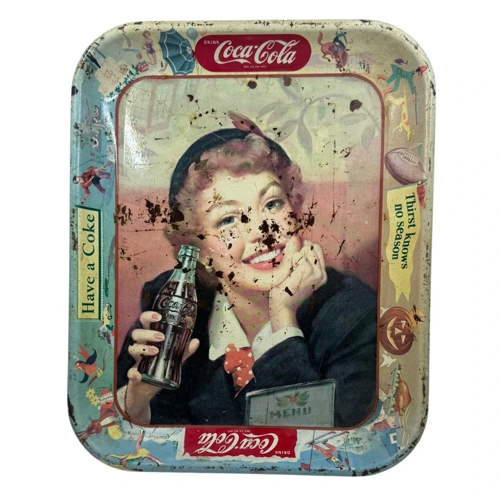 Set of 2 Vintage Coca Cola Metal Trays Have a Coke Waitress Rustic Patina Decor
